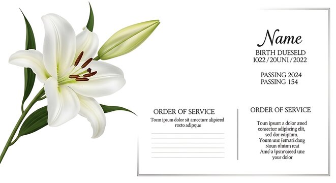 Elegant white lily flower graphic design on a commemorative condolence or memorial announcement, featuring detailed floral elements and space for text.