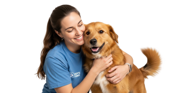 Happy Woman in Helping Paws Shirt Hugging Adorable Dog creative illustration featuring golden, retriever, love, charity, joy,
