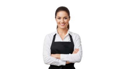Happy Young Woman in Black Apron Smiling Confidently creative illustration featuring female, happy, neat, attractive,