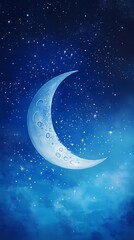 Naklejka premium Night Sky with Crescent Moon and Scattered Stars in Blue Watercolor Texture