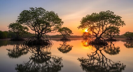 Obraz premium Sunrise Reflections on a Calm Waterway.