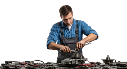 Mechanic working on car engine transmission gears creative illustration featuring engineering, hands, dedication, workshop, expertise,