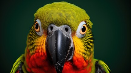 Obraz premium a close up of a parrot's face with a green back ground and a black back ground with a green back ground. generative ai