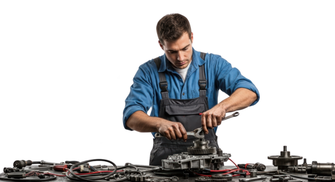 Mechanic working on car engine transmission gears creative illustration featuring engineering, hands, dedication, workshop, expertise,