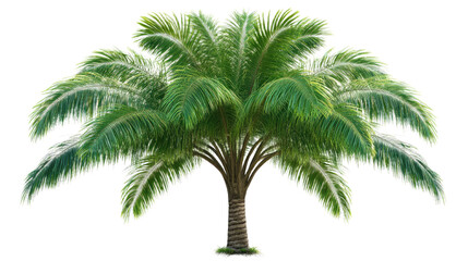 Fototapeta premium Isolated lush green palm tree with a full canopy of fronds and textured trunk against a transparent background. Transparent Object PNG
