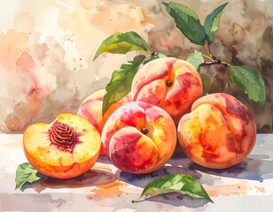 Watercolor still life featuring ripe peaches