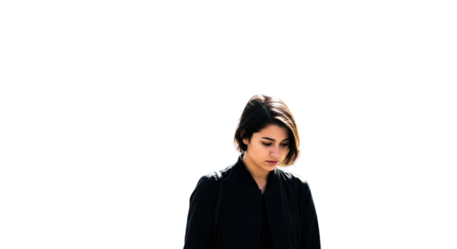 Pensive Young Woman Looking Down in Contemplation creative illustration featuring jacket, contemplative, peaceful, thought, attractive, portrait