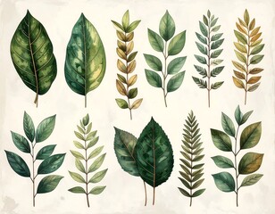 Botanical illustration of various leaves and branches