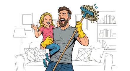 Happy Father and Daughter Having Fun While Cleaning the House Together, Modern Fatherhood, Pop Art Illustration of a Dad Doing Chores and Holding His Child