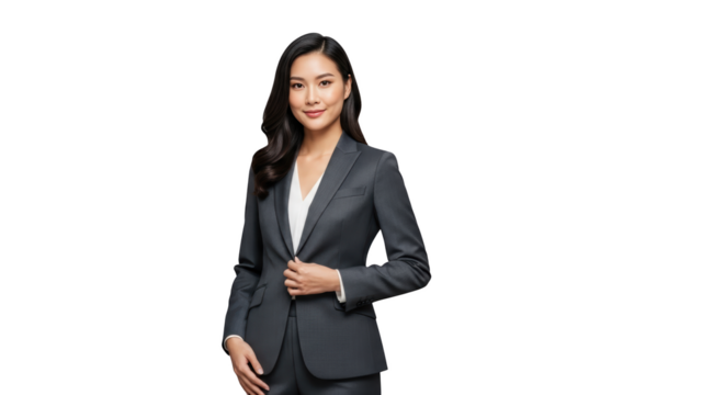 Professional Asian Woman in Business Suit creative illustration featuring corporate, power suit, professional attire, career, asian woman,