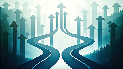 Navigating career paths in business growth concept. A metaphorical image of roads and arrows representing choices.