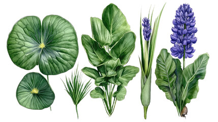 Obraz premium Vibrant Watercolor Botanical Illustration of Aquatic Plants Collection with Green Leaves and Purple Flowers. PNG Clipart Transparent