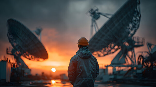 Engineer man wearing protective helmet working nearby satellite dish.