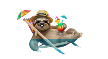 Relaxing Sloth on Tropical Vacation creative illustration featuring colorful, drink, mammal, resort, animal, cheerful modern concept design