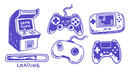 A collection of vintage and modern video game consoles and controllers, including an arcade machine, a handheld device, and various gamepads, along with a loading bar. © semburats