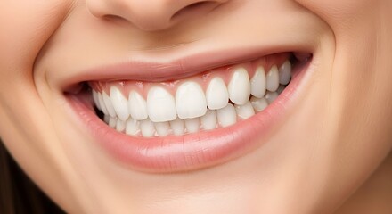 Obraz premium Close-up view of a person's healthy, bright smile showcasing perfectly aligned, white teeth.