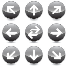 Set of 9 arrows vector linear icons set. right, left, up, down etc icons. Isolated collection for web sites icon on grey sphere rounded background