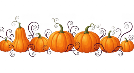 A horizontal border of various sized orange pumpkins with curly vines and leaves, isolated on a transparent background