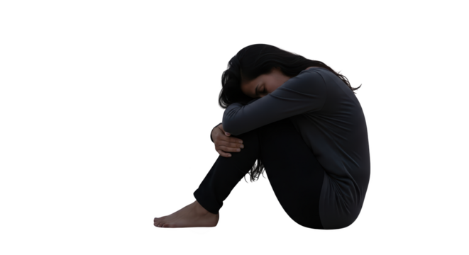 Sad Woman Sitting Alone Hugging Knees creative illustration featuring simple, heartbroken, tears, minimal, female, stressed - Powered by Adobe