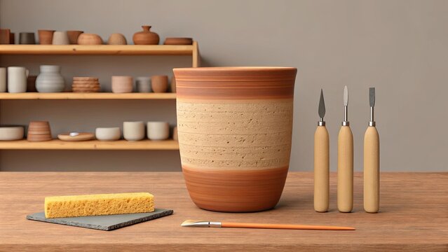 Pottery crafting tools and unfinished ceramic cup on a wooden table
