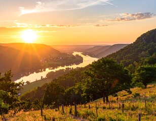 Golden Hour Over River Valley Landscape