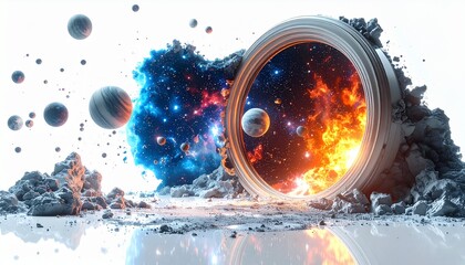 A surreal portal opening inside a mirror, tiny planets and stars spilling out, glowing cosmic fragments floating, isolated on white background