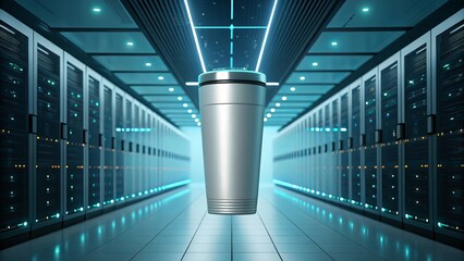 Futuristic battery standing in a high tech server room