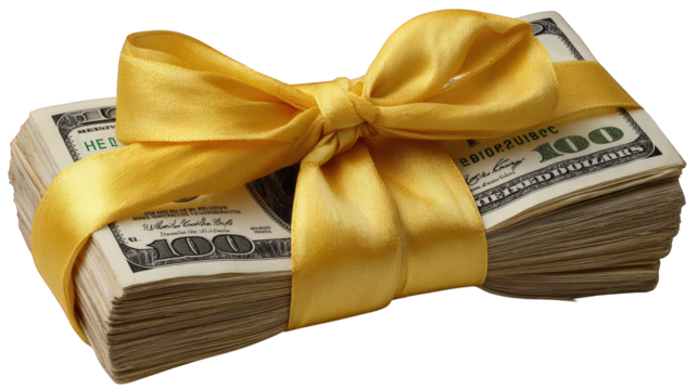 Stack of cash bundle tied with yellow ribbon symbolizing savings financial gift wealth and prosperity perfect for concepts of reward bonus or monetary present