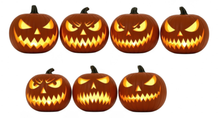 A collection of seven carved jackolanterns with glowing eyes and menacing expressions, isolated on a transparent background