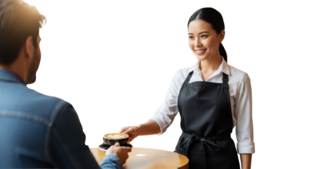 Smiling Barista Serving Latte Art Coffee to Customer creative illustration featuring coffee, smiling, customer service, food service,