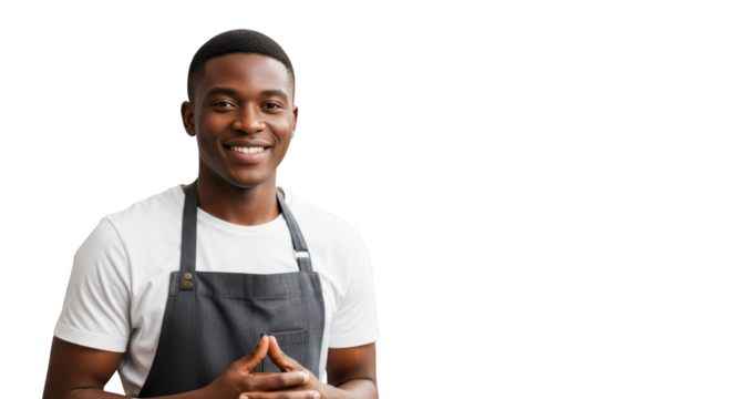 Smiling African American Man Portrait creative illustration featuring service, inviting, facial expression, hospitality, approachable, black modern