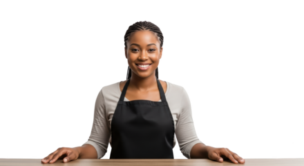Smiling Black Woman Wearing Apron Behind Counter creative illustration featuring person, work, african, young,