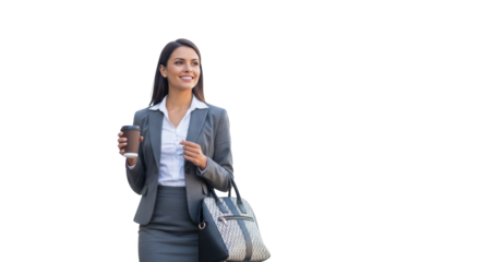 Smiling Businesswoman Walking with Coffee and Handbag creative illustration featuring determined, corporate, positive, smart, elegant, lifestyle modern