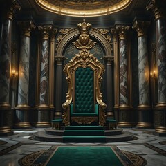 Majestic golden royal throne room with ornate chair and grand pillars