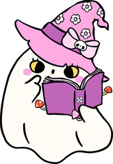 Halloween Bookish Reading Spooky Cartoon Ghost Reading Spellbook With Witch Hat Hand Drawn