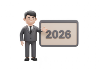 Cartoon businessman in a suit pointing to a digital display showing the year 2026 isolated on transparent background