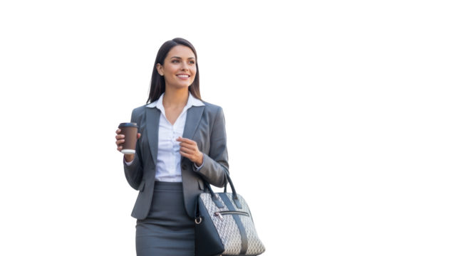 Smiling Businesswoman Walking with Coffee and Handbag creative illustration featuring determined, corporate, positive, smart, elegant, lifestyle modern