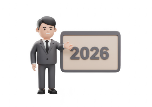 Cartoon businessman in a suit pointing to a digital display showing the year 2026 isolated on transparent background