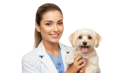 Smiling Veterinarian Holding Happy Small Dog creative illustration featuring dog, portrait, coat, professional, bond,