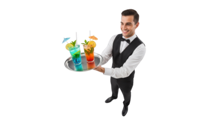 Smiling waiter serving colorful cocktails creative illustration featuring shot, studio, drinks, serving, cheerful, glass modern