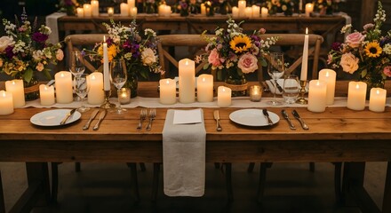 An elegant, warm rustic aesthetic dinner table setting, beautifully adorned with glowing candles and vibrant floral arrangements, creating a cozy and inviting atmosphere for a special event