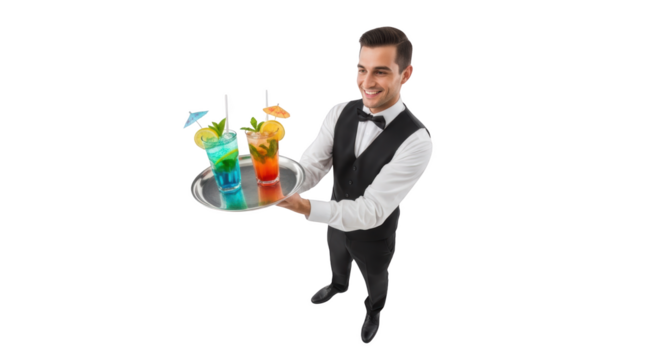 Smiling waiter serving colorful cocktails creative illustration featuring shot, studio, drinks, serving, cheerful, glass modern