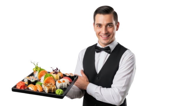 Smiling Waiter Serving Sushi Platter creative illustration featuring roll, ginger, seafood, fine dining, man, presentation modern concept