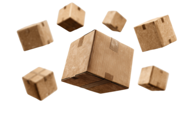 Several floating cardboard boxes with tape on a transparent and white background create depth and dimension, concept for e-commerce packaging, delivery services and product shipment logistics