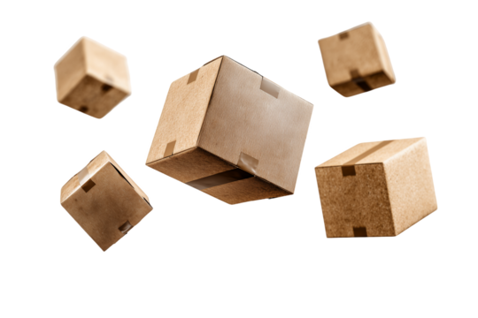 Several brown cardboard boxes levitating against a transparent and white background, concept for e-commerce shipping, product distribution and moving services visualization
