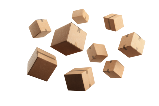 Scattered brown cardboard boxes isolated against a transparent and white background, creating a dynamic composition, concept for e-commerce logistics, global distribution and warehouse management