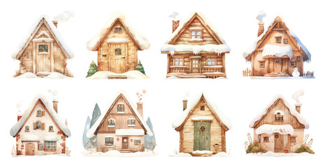 PNG Charming snowy winter cottages illustration, element set on transparent background