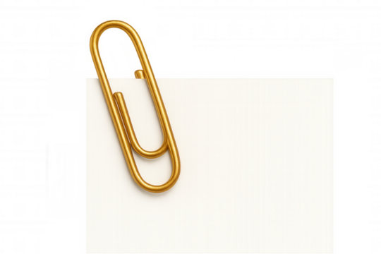 Golden paper clip holding blank white paper, attaching important office documents, transparent background