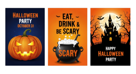 A collection of three halloween posters featuring a pumpkin, a cauldron, and a haunted house isolated on transparent background
