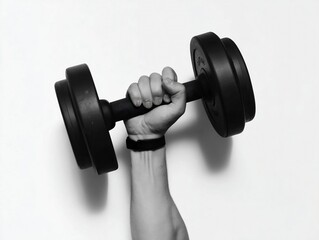Hands holding black dumbbells on a white background, a symbol of strength, sport and a healthy lifestyle.